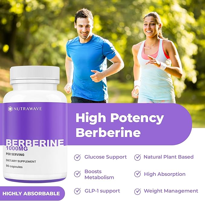 Nutrawave Pure Berberine Maximum Potency - 1000mg Per Serving - 2 Capsules 500mg Each - Supports Blood Sugar Levels, Healthy Lipid (Fat) and Glucose Metabolism - Non-GMO, Vegan - 2 Pack