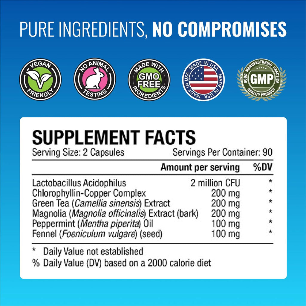 Approved Science Odorol - 180 Capsules - Freshen Bad Breath and Body Odor - Contains L.acidophilus, Green Tea, Magnolia Bark, Peppermint Oil, and Fennel - Pack of 1