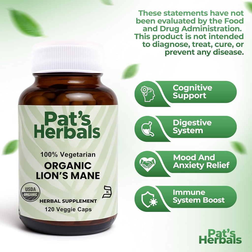 Pat's Herbals Organic Lion’s Mane Capsules | 120 Count | 1000 mg Pure Lion’s Mane | Vegan & Non-GMO