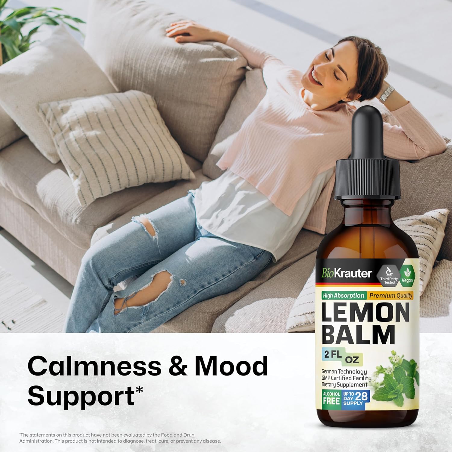 BIO KRAUTER® Lemon Balm Tincture 680 mg Melissa Officinalis - Pure Vegan Lemon Balm Extract 2 Fl.Oz 28 Days of Supply - Natural Calming & Sleep Support - Alcohol & Sugar Free - Digestion & Relaxation