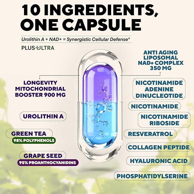 UROLITHIN+ NAD+ 1250mg Longevity Complex – Liposomal Mitochondrial Support with Urolithin A, Nicotinamide Riboside & Resveratrol – Promotes Cellular Energy, Anti-Aging & Muscle Recovery