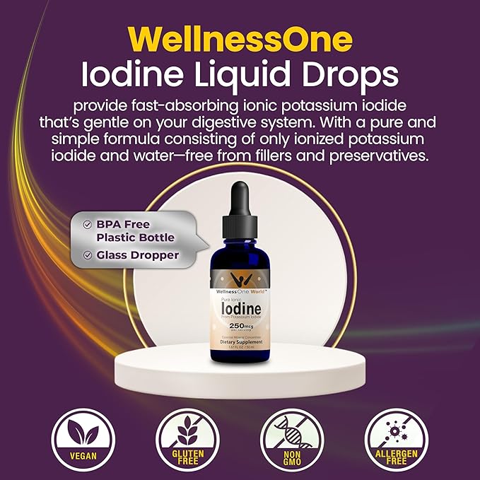 WellnessOne Iodine Drops for Thyroid Support - Fast Acting Liquid Iodine Supplement from Potassium Iodide - Great for Immunity & Cognition & Maximizes Iron Absorption - 1.67 fl oz