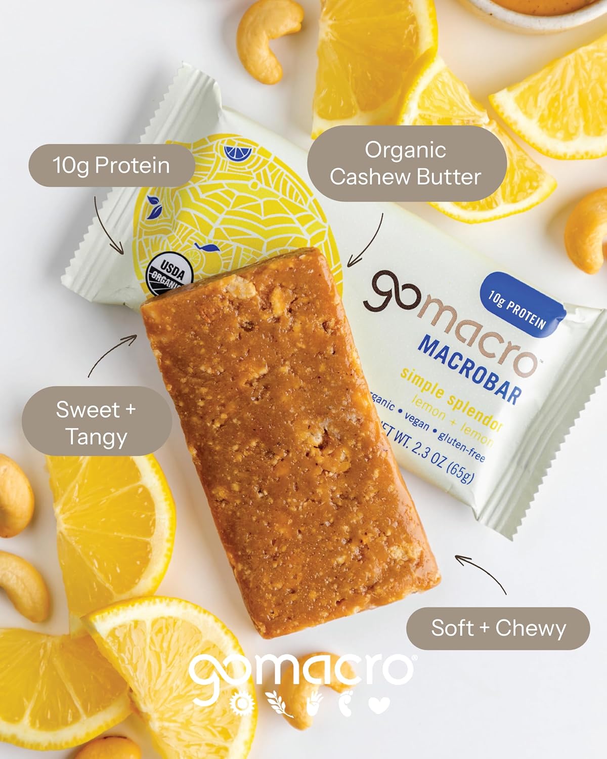 GoMacro MacroBar Organic Vegan Protein Bars - Lemon + Lemon (2.3 Ounce Bars, 12 Count)