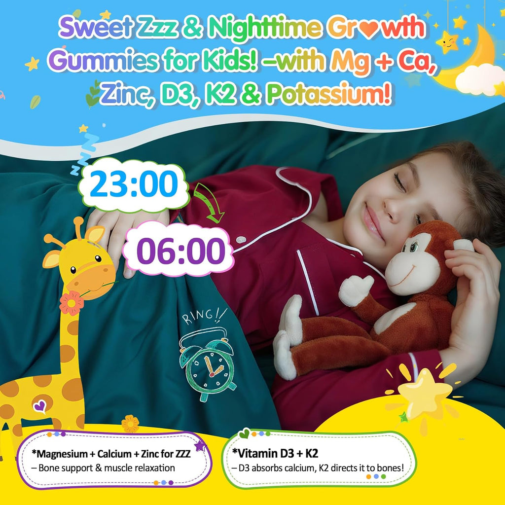 Kids Magnesium Glycinate | Calcium | Zinc, Nighttime Mineral + Multivitamin Filled Gummies, No Melatonin | Vitamin D3 K2 | Relax Happy, Bone, Bedtime Supplement, Only Need 1 Gummy - Sweet Dream Magic