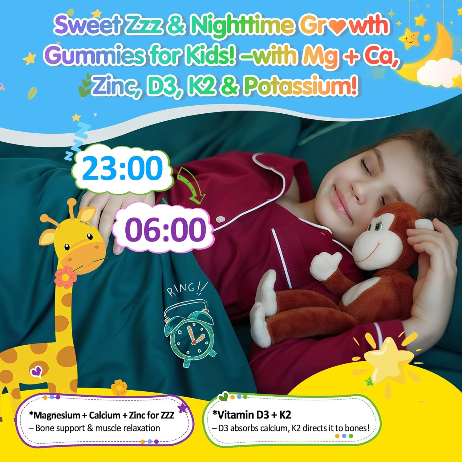 Kids Magnesium Glycinate | Calcium | Zinc, Nighttime Mineral + Multivitamin Filled Gummies, No Melatonin | Vitamin D3 K2 | Relax Happy, Bone, Bedtime Supplement, Only Need 1 Gummy - Sweet Dream Magic