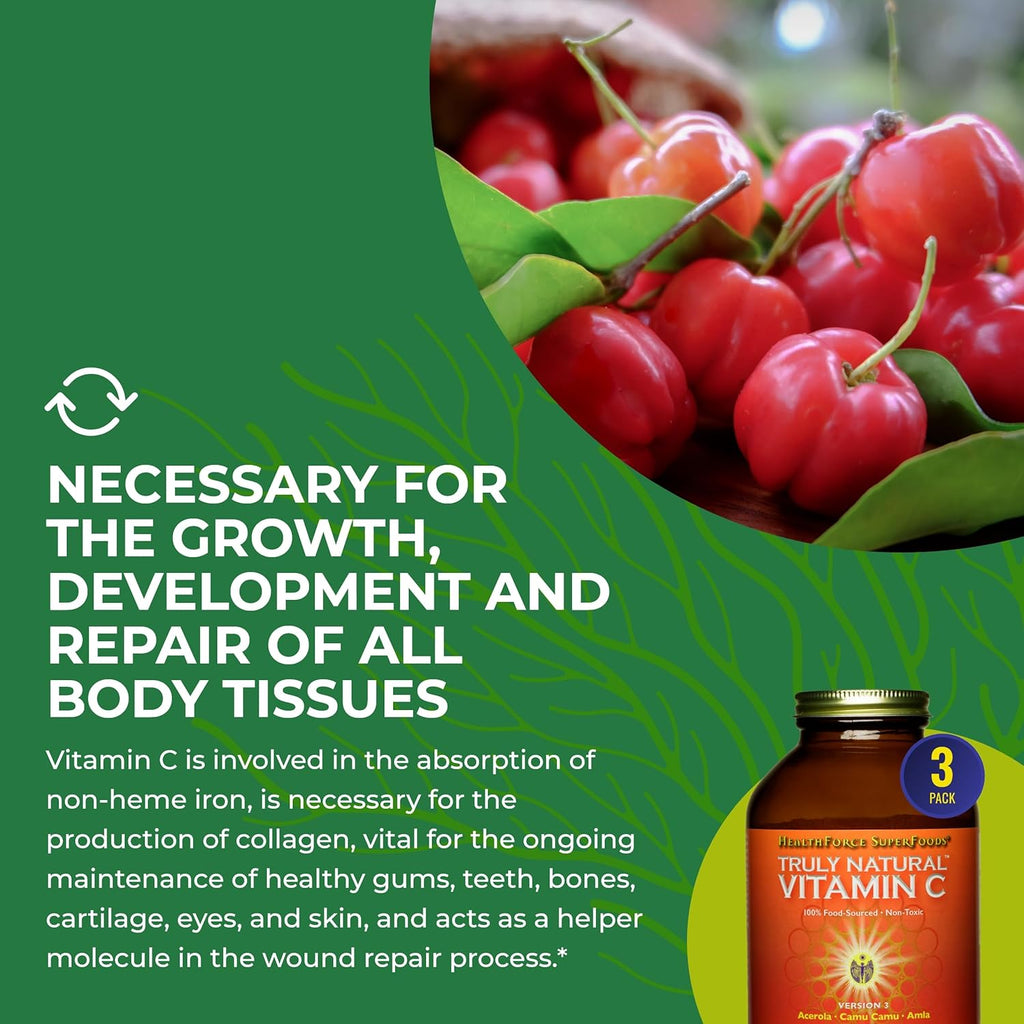 HEALTHFORCE SUPERFOODS Truly Natural Vitamin C - Immune Support Supplement with Camu Camu Berry - Vitamin C Supplement for Immune Health - Vegan, Non-GMO - 400 Grams, 67 Servings (Pack of 3)
