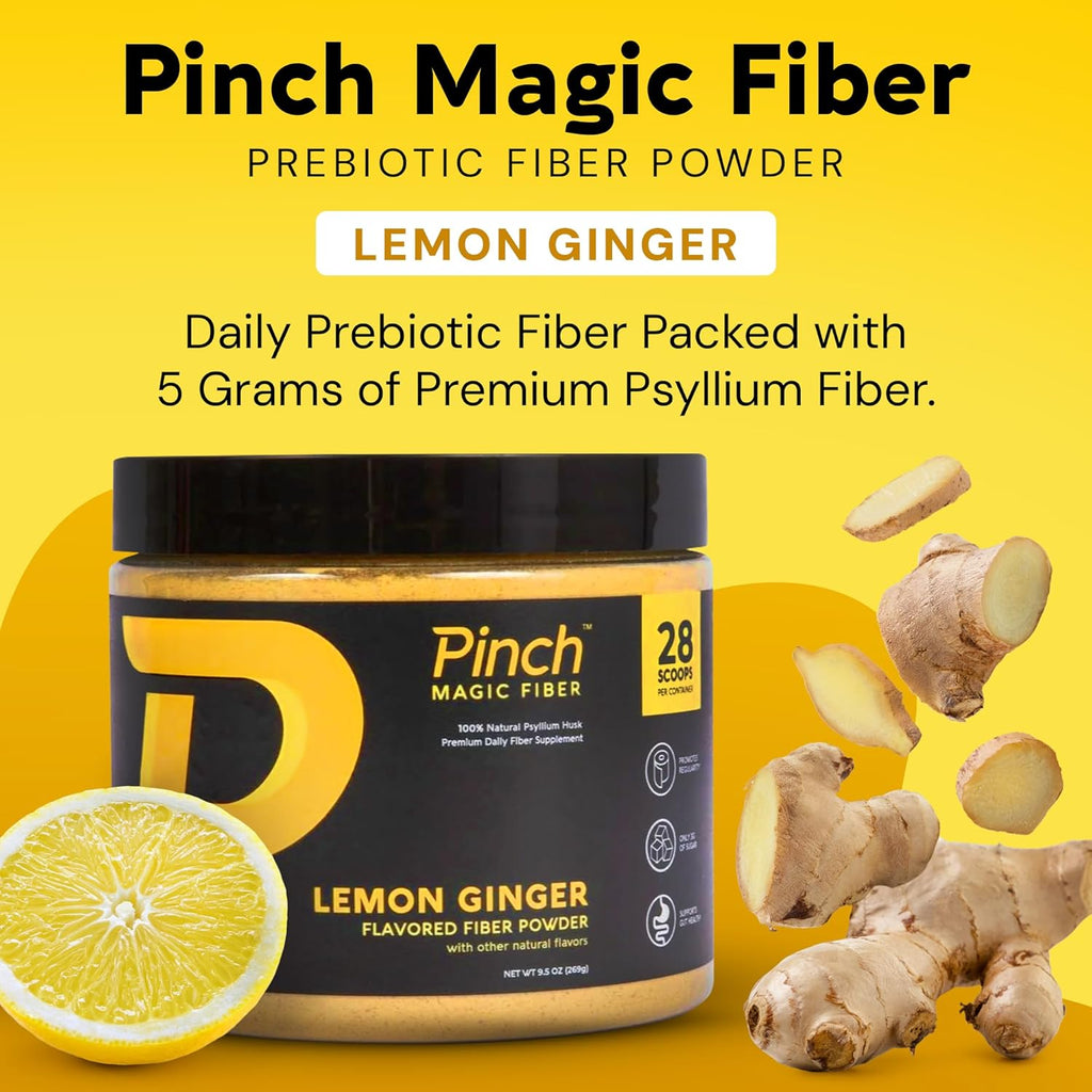 Pinch Magic Sugar Free Fiber Powder – Light Lemon Ginger Psyllium Husk with Bromelain & Vitamins C & D – Vegan, Gluten-Free, Clean Label, USA-Made, GMP-Certified – 28-Day Supply