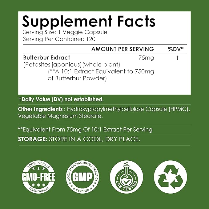 Butterbur 10:1 Extract Capsules 750mg Equivalent Petasites japonicus 120 Vegan Capsules Premium Herbal Extract Supplement for Daily Wellness and Natural Lifestyle Support