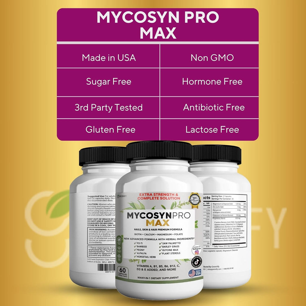 Mycosyn Pro Max Hair Skin Nails Supplement, 60 Capsules, 30 Day Supply, with Biotin 5000mcg, Vitamins A B C D E, Minerals (5)