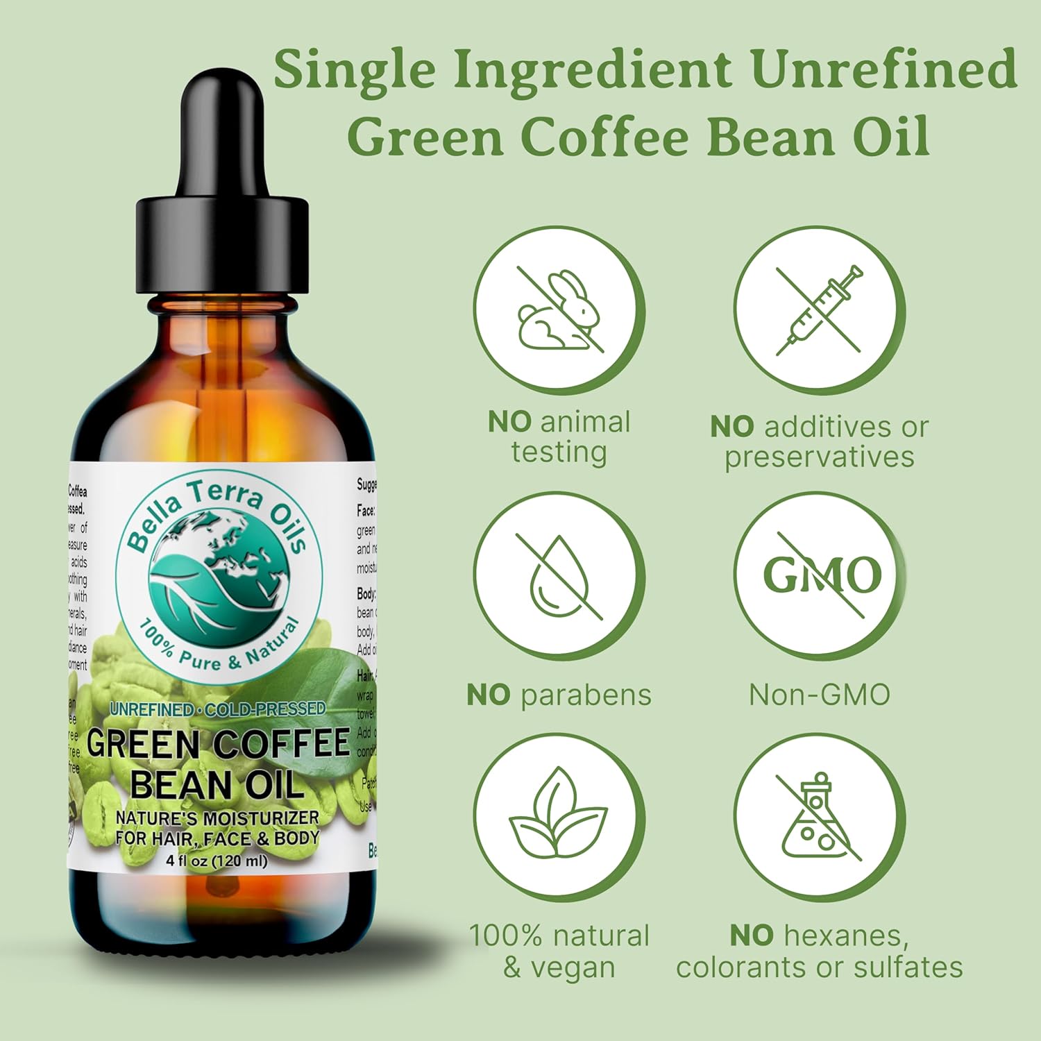 Bella Terra Oils - Green Coffee Bean Oil 2 oz - Packed with Chlorogenic Acid & Ferulic Acid, Abundant Essential Fatty Acids, Pure Coffee Bean Extract Essence