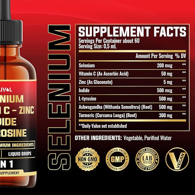 7in1 Selenium Liquid Drops – 200mcg Selenomethionine for Men & Women – Pure Thyroid Support Supplement – High Absorption Tincture – for Immune & Energy Support - 1FL Oz - 60 Day Support