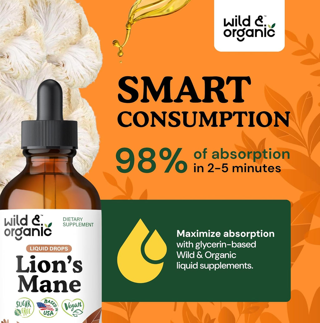 Wild & Organic Lions Mane Liquid Drops - Brain & Focus Support - Lion's Mane Mushroom Supplement - Hericium Erinaceus Mushroom Drops - Vegan, Sugar & Alcohol-Free Extract Tincture - 4 fl oz