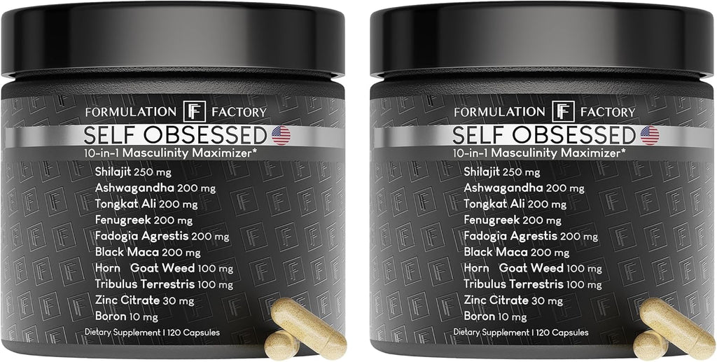 Self Obsessed 10 in 1 Masculinity Maximizer Supplement, Shilajit for Men, Tongkat Ali, Ashwaganda, Fenugreek & More, Muscle Growth, Energy Management, Strength, Recovery 4-Month Supply (Pack of 2)