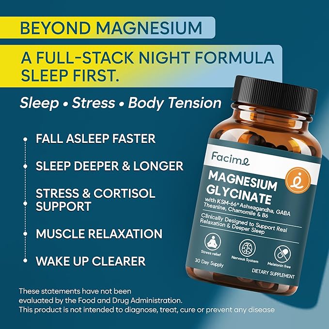 Natural Chelated Magnesium Glycinate Sleep Aid - Melatonin-Free Sleep & Stress Relief with KSM-66 Ashwagandha, GABA, L-Theanine & Chamomile for Muscle Relaxation - Made in USA - 90 Capsules