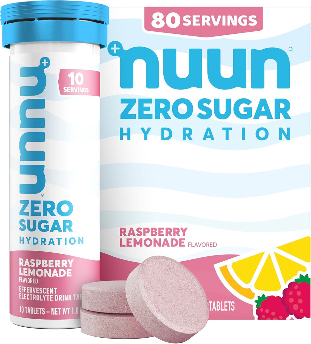 Nuun Zero Sugar Hydration Electrolyte Tablets - Sodium, Potassium, Chloride, Calcium, Magnesium, Light & Delicious Fruit Flavors, No Sugar, Gluten Free, Vegan, Raspberry Lemonade (80 Servings Total)