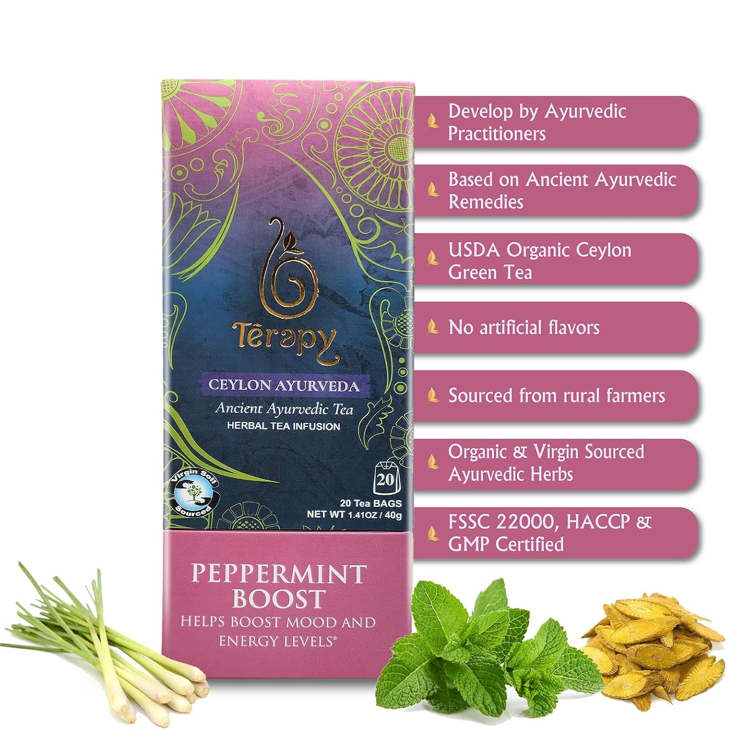 Térapy Ceylon Peppermint Tea | All Natural Herbal Ingredients | 100% Organic Peppermint Tea Bags Individually Wrapped | Eco-friendly & Unbleached Herbal Tea Bags | 20 Count