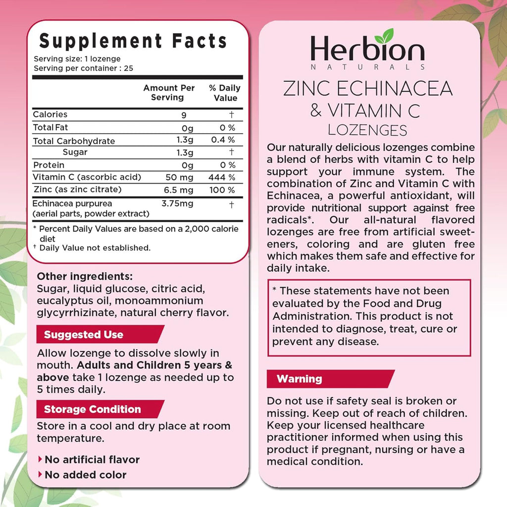 HERBION Naturals Zinc, Echinacea & Vitamin C Lozenges 25 CT, Dietary Supplement for Adults & Children 5+, Promotes Wellness for The Whole Family, 25 Count, Cherry, Pack of 1
