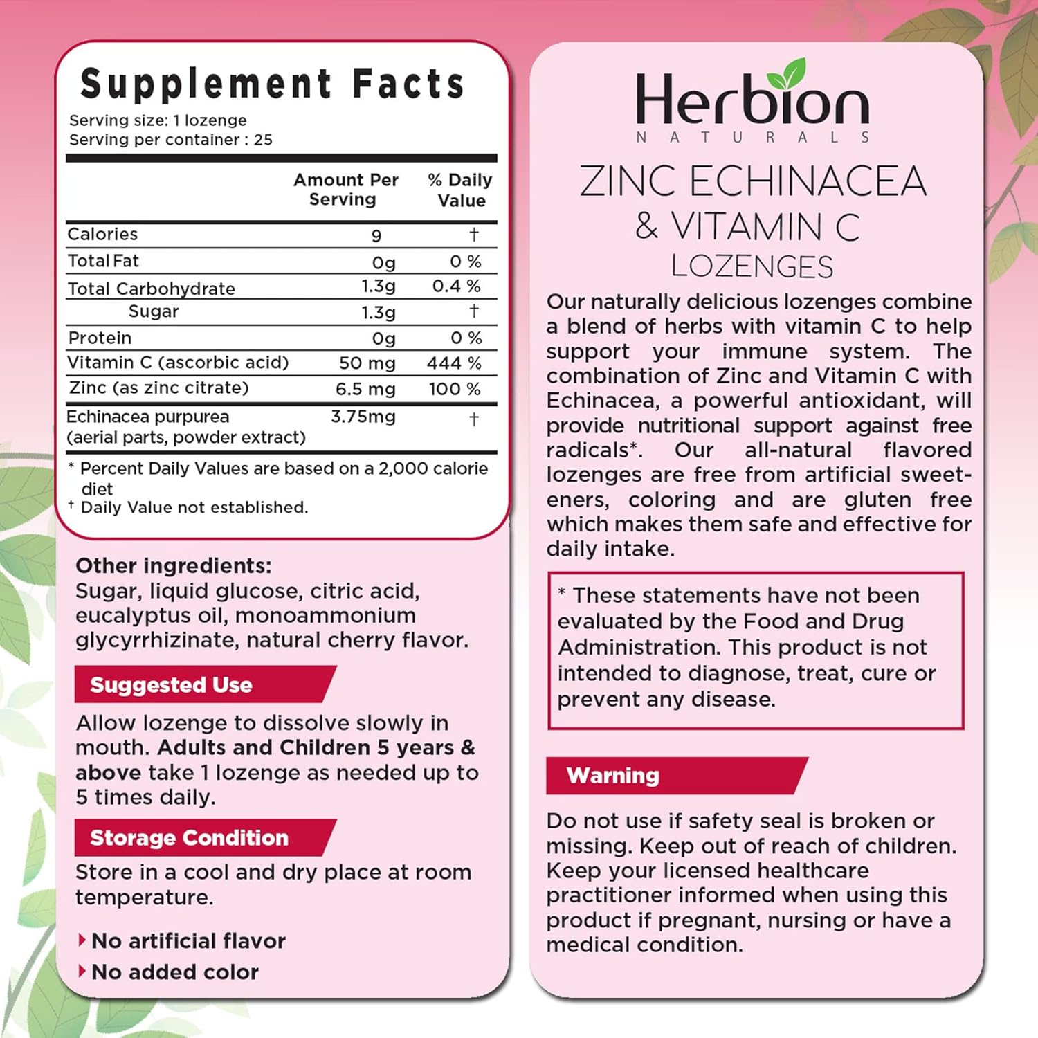 HERBION Naturals Zinc, Echinacea & Vitamin C Lozenges 25 CT, Dietary Supplement for Adults & Children 5+, Promotes Wellness for The Whole Family, 25 Count, Cherry, Pack of 1