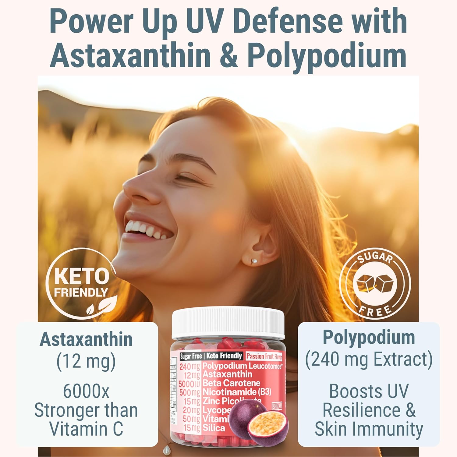 Astaxanthin Polypodium Leucotomos Zinc Picolinate Lycopene Vitamin E B3 Nicotinamide Silica Gummies 500-mg 12-mg 20-mg 24-mg 30-mg 15-mg 50-mg 5-mg Astaxantina Asthantaxin Caroten Carotin Supplement