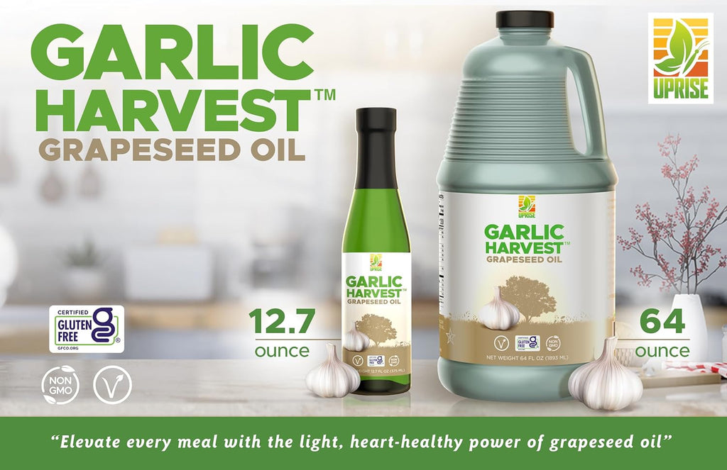 Garlic Harvest Grapeseed Oil – 12.7 oz Glass Bottle | Garlic Flavored Healthy Cooking Oil for Roasting, Vegetables, and Pasta | High Smoke Point | Non-GMO, Plant-Based, Gluten-Free, Organic