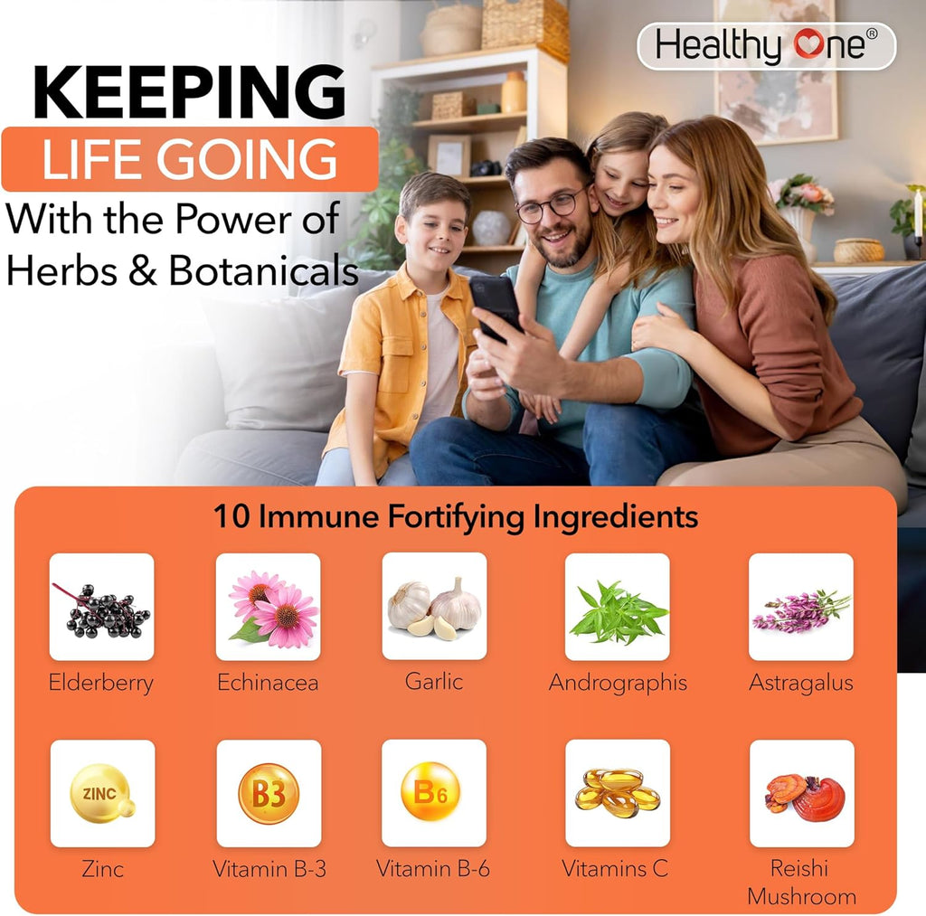 Healthy Immune - Boost Immune Response - Cold - Flu - Illness - Sickness - Virus - Antioxidants - Free Radicals - Builds Immunity - Elderberry - Echinacea - Vitamin C - Zinc - Garlic - 120 Count