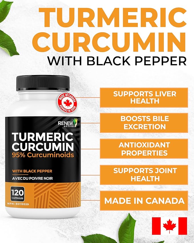 Renew Actives Turmeric Curcumin with Black Pepper – 600MG Turmeric Root, 100MG Curcuminoids per 2 Capsules – Supports Digestion, Liver Health, Joint Relief & Mobility – Made in Canada – 120 Capsules