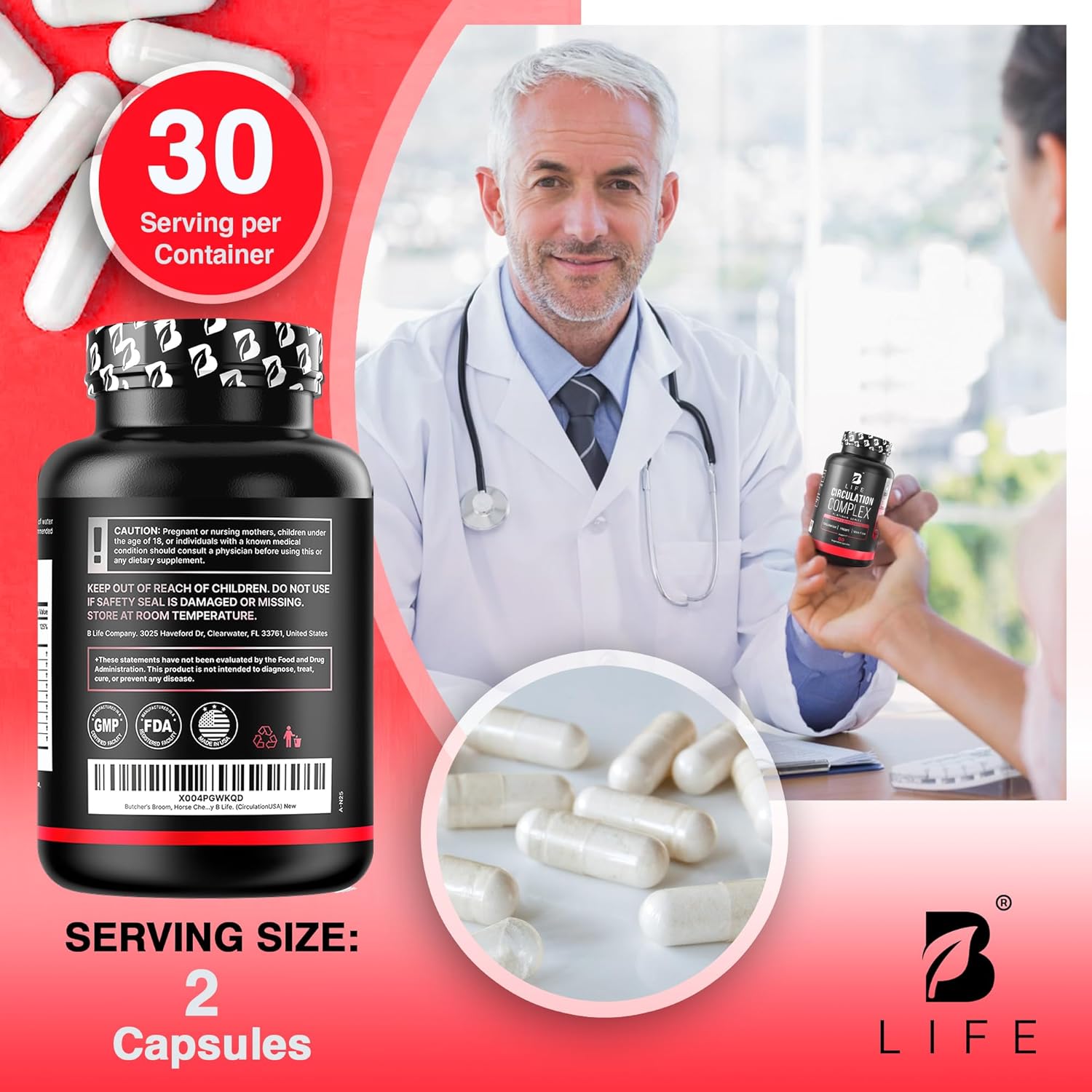 Circulation Support Supplement for Vein & Artery Health | Vascular Support with L-Arginine, Horse Chestnut & Butcher’s Broom | Promotes Healthy Leg Circulation & Vein Function | 60 Capsules