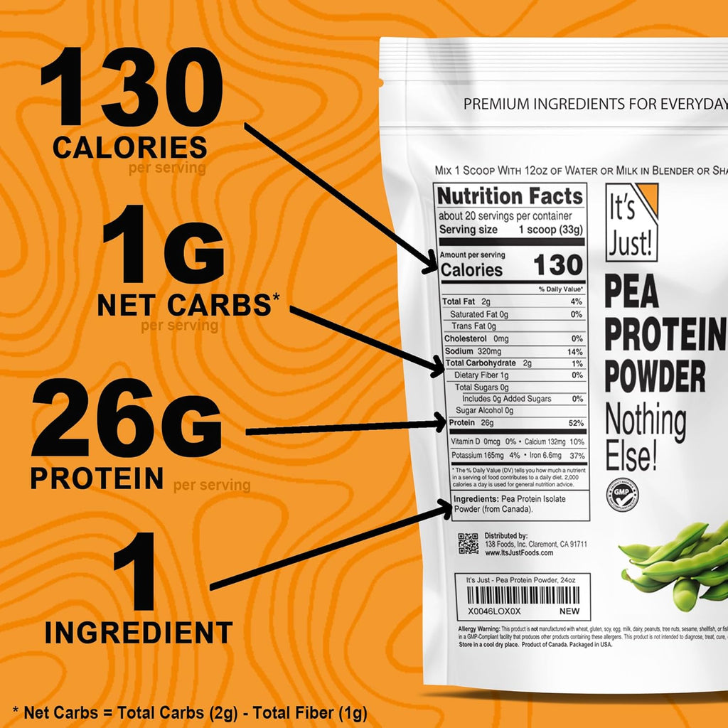 It's Just! - 100% Pea Protein, Vegan Plant Based, Grown in Canada, Premium Quality, Smooth Texture, Non-GMO, Gluten Free, Keto Friendly (1.5 Pound, Unflavored)