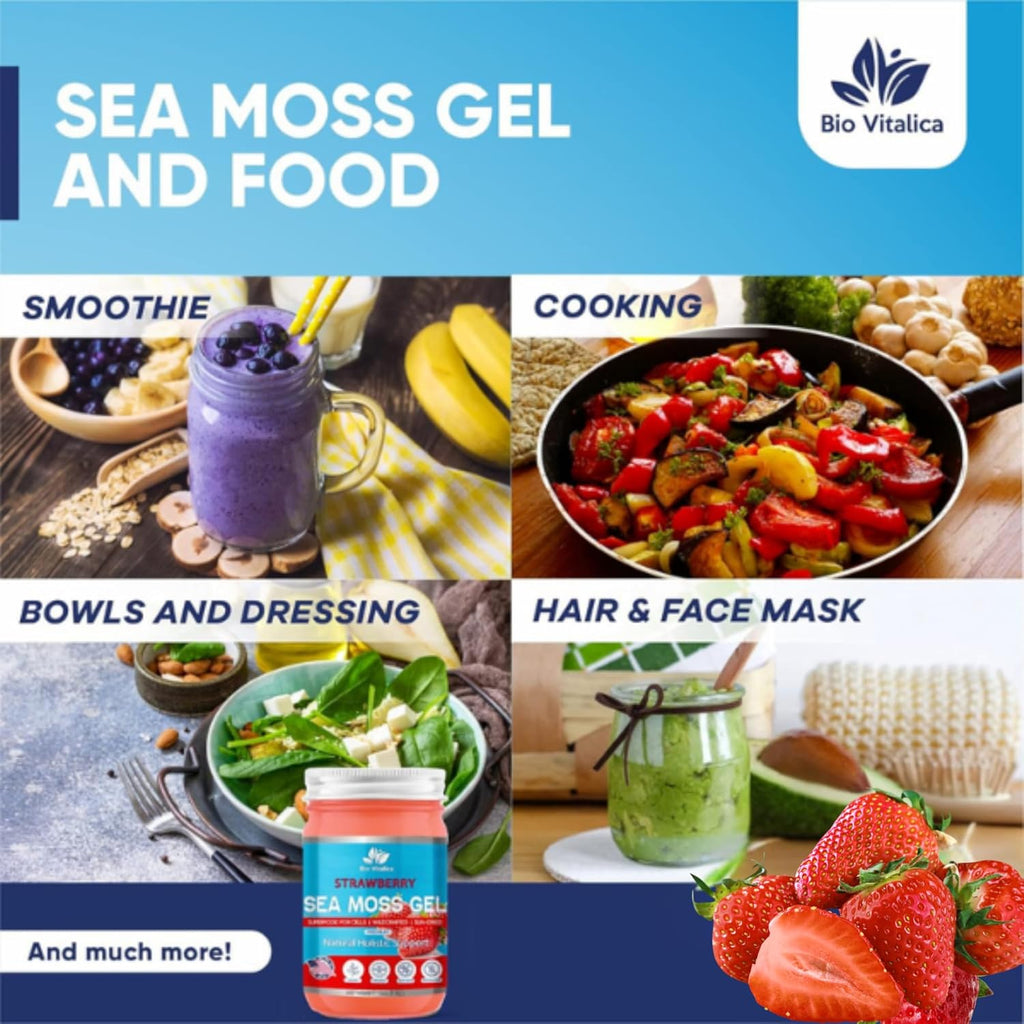 Sea Moss Gel by BioVitalica - Irish sea Moss raw Organic - Premium Quality - Dr Sebi, Vegan superfood for Cells - 100% Natural seamoss Gel (Pack of 3, Strawberry)
