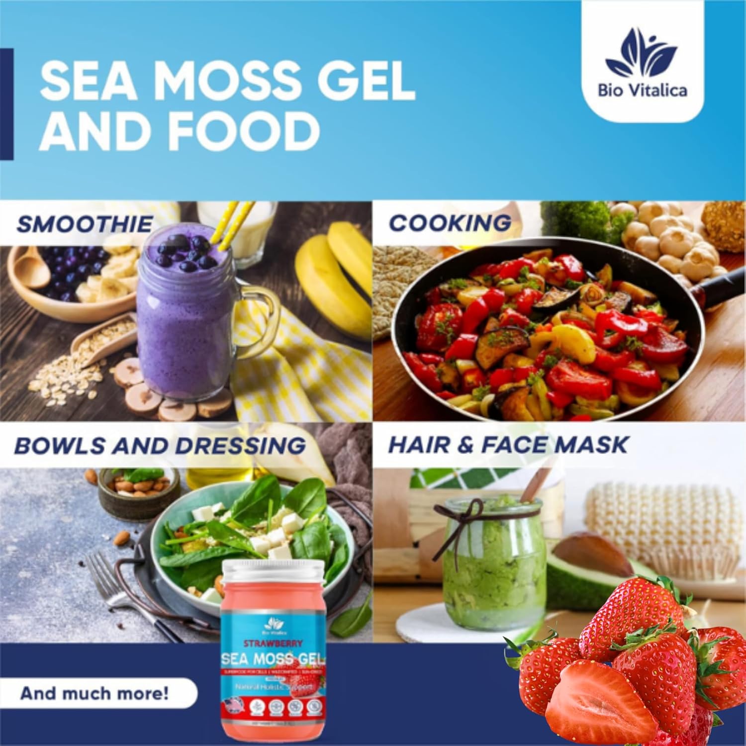 Sea Moss Gel by BioVitalica - Irish sea Moss raw Organic - Premium Quality - Dr Sebi, Vegan superfood for Cells - 100% Natural seamoss Gel (Pack of 1, Strawberry)