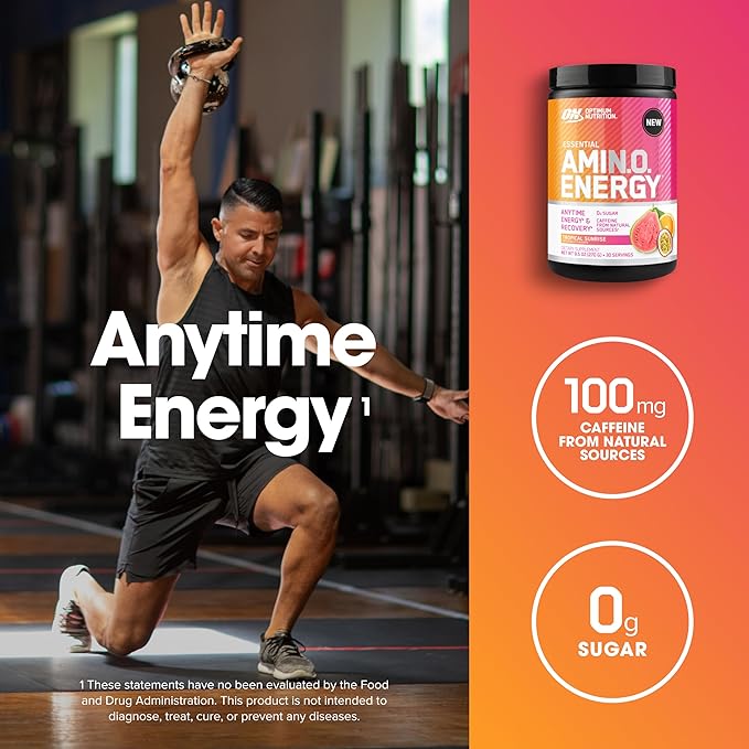 Optimum Nutrition Amino Energy Powder – Energy & Focus Pre Workout with Amino Acids, BCAA, Green Tea Caffeine & Coffee, Muscle Recovery Support – Tropical Sunrise, 30 Servings (Packaging May Vary)