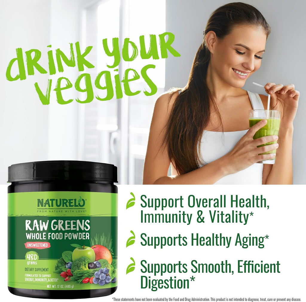 NATURELO Raw Greens Superfood Powder - Unsweetened - Boost Energy, Detox, Enhance Health - Organic Spirulina - Wheat Grass - Whole Food Nutrition from Fruits & Vegetables - 480 Grams