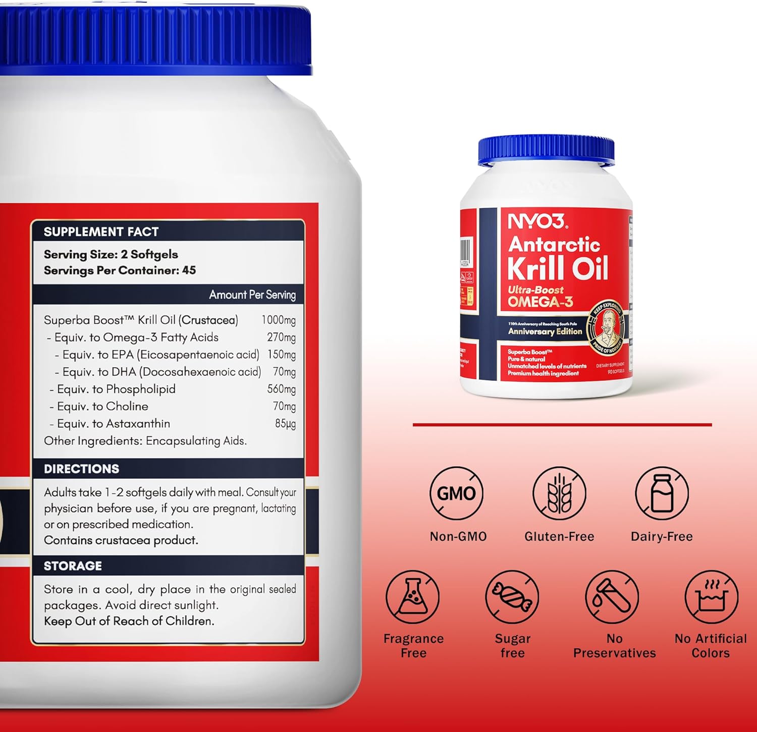 Krill Oil Omega 3 Supplement 1000mg 60 Softgels EPA & DHA, Pure Antarctic Krill Oil with Astaxanthin and 56% Phospholipids Third Party Tested
