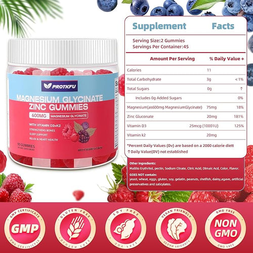 90 CT Magnesium Glycinate Gummies 600mg, Sugar Free Magnesium Gummies w/Zinc & Vitamin D3 & K2 - Magnesium Supplements for Sleep, Supports Bone Health, Nerve & Immune Function