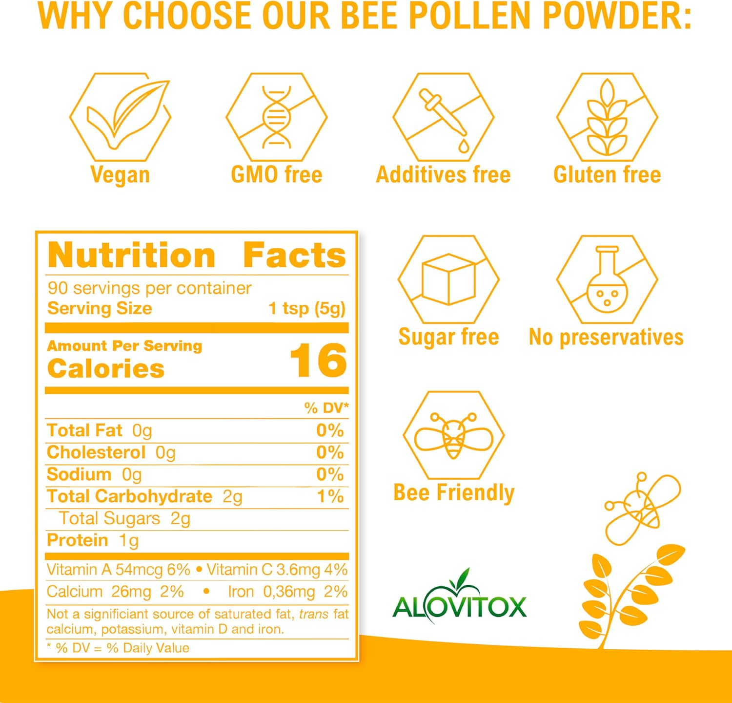 Alovitox Bee Pollen Powder 5lb | 100% Pure, Fresh Natural Raw Bee Pollen | Superfood Packed Bee Pollen with Antioxidant, Protein, Vitamins B6, B12, C, a & More | Bee Friendly & Gluten Free, Non-GMO