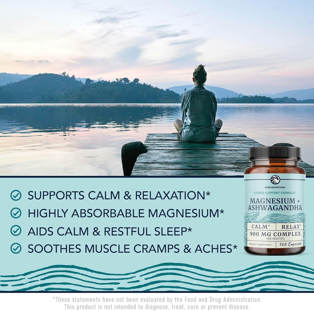 Magnesium Ashwagandha | Calming Magnesium Supplement for Adults | Relax, Rest, Calm Mood & Sleep Support | Mag Citrate & Oxide 400 mg + Ashwagandha 500 mg | Muscle Health & Stress Relief | 120 Ct