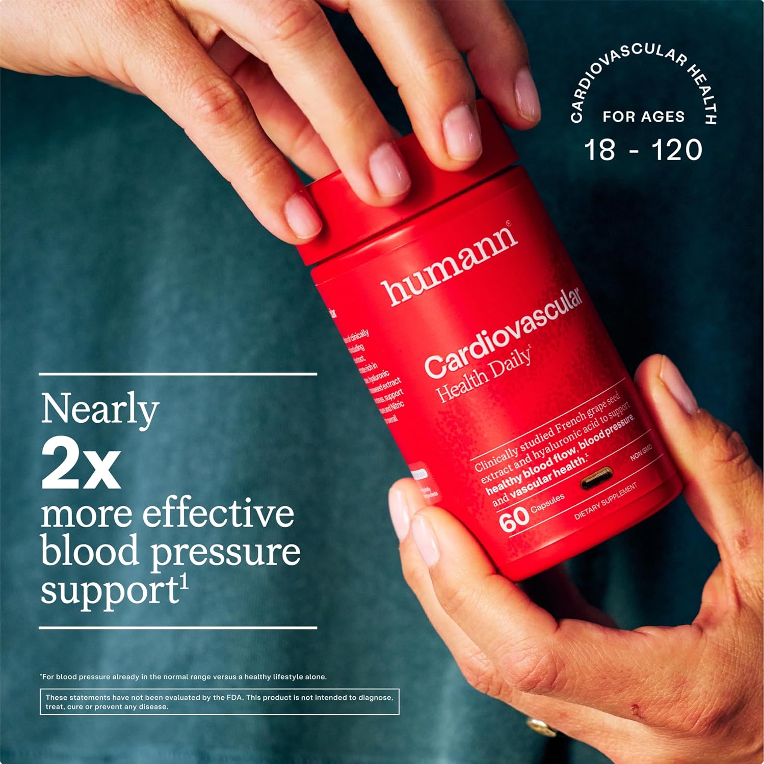 Humann Cardiovascular Health Daily, 4-in-1 Vascular & Blood Pressure Support, Grape Seed Extract & Hyaluronic Acid Circulation Supplement, Plant-Based Non-GMO, 60 Capsules