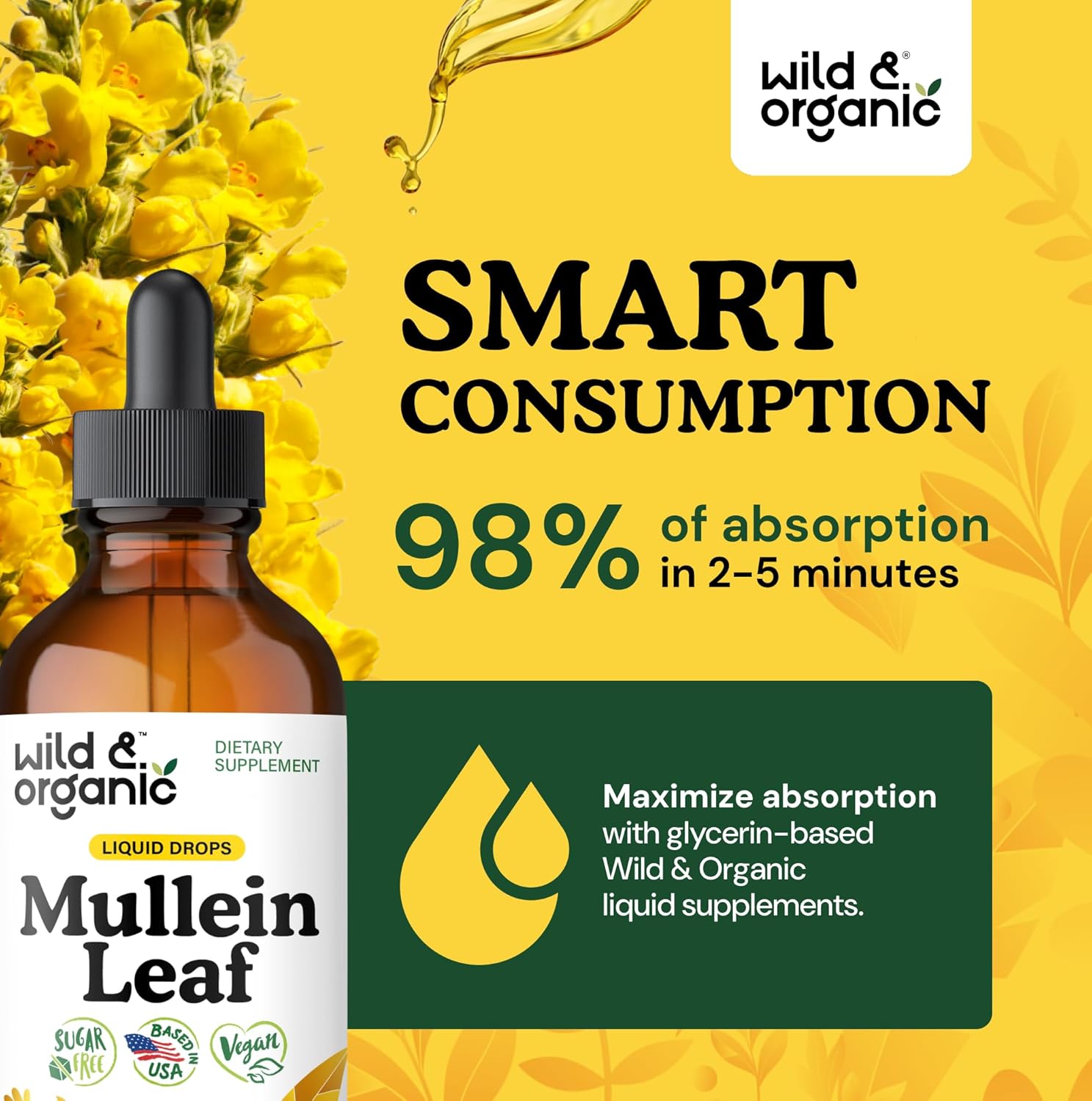 Wild & Organic Mullein Tincture - Lung Cleanse and Detox - Liquid Mullein Leaf Extract for Lungs with Echinacea - Verbascum Thapsus Drops - Vegan, Sugar & Alcohol-Free Supplement - 4 fl oz