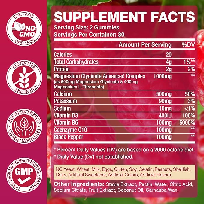 2 Pack Magnesium Glycinate Gummies 1000mg，Magnesium Gummies for Adults & Kids with L-Threonate, Magnesium Supplement for Relaxation, Calm, Sugar Free, Raspberry Flavor, 120 Count