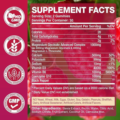 2 Pack Magnesium Glycinate Gummies 1000mg，Magnesium Gummies for Adults & Kids with L-Threonate, Magnesium Supplement for Relaxation, Calm, Sugar Free, Raspberry Flavor, 120 Count