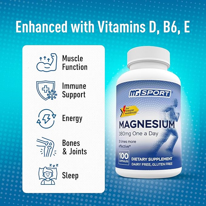 MGSPORT Magnesium Supplement 380mg - High Absorption Magnesium Complex Formula with Vitamins B6, D, E - Supports Muscle Function and Sleep Quality - 100 Servings
