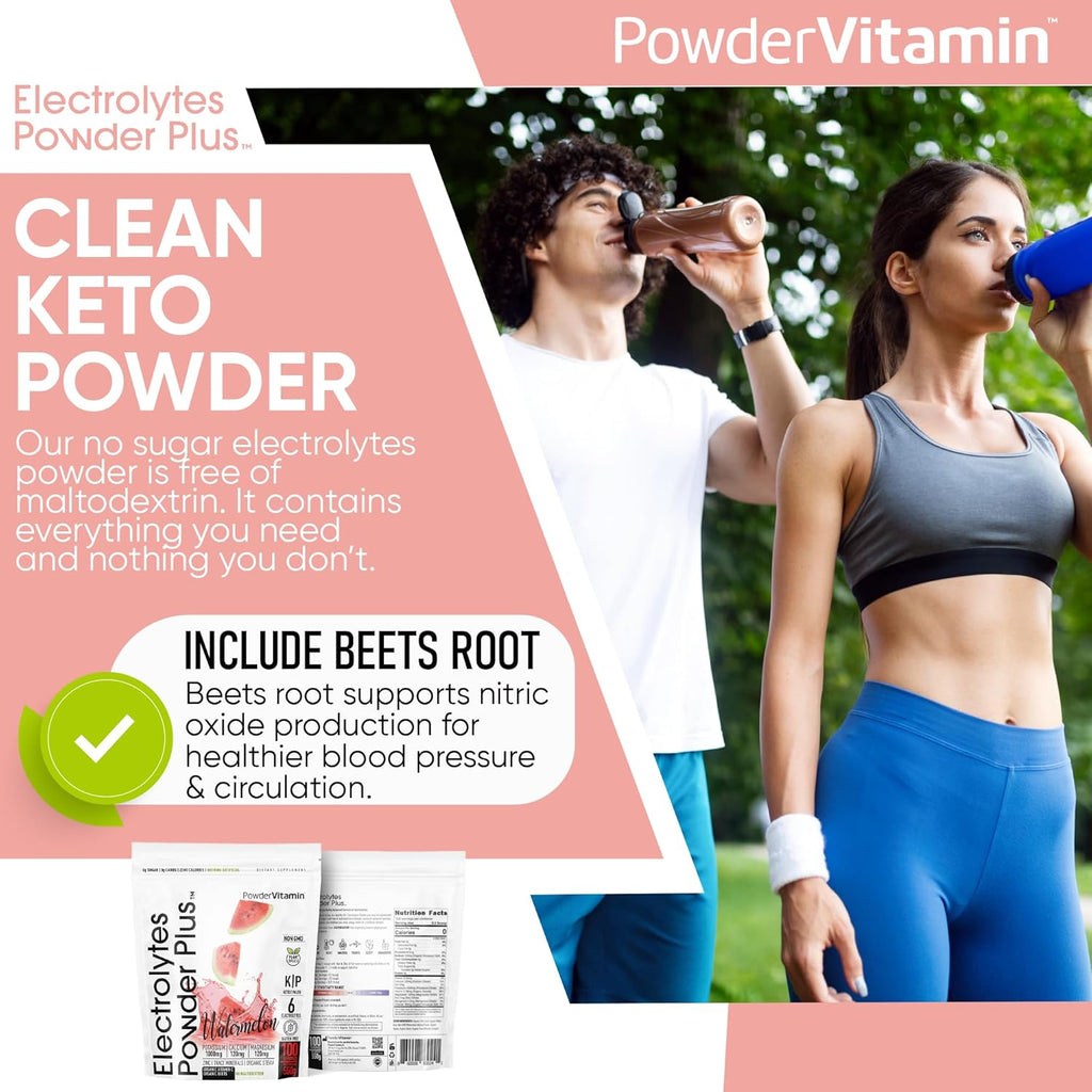 PowderVitamin Electrolytes Powder Plus (100 Servings) Watermelon Electrolyte Powder, Zero Calorie, Keto, 0 Sugar, No Maltodextrin,1000mg Potassium,120mg Calcium,120mg Magnesium, Energy Hydration Powde
