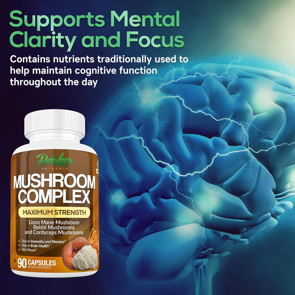 Mushroom Complex Capsules, Premium Lions Mane, Cordyceps, and Reishi Mushroom Supplement, Maximum Strength Organic Mushrooms Supplement, 90 Capsules