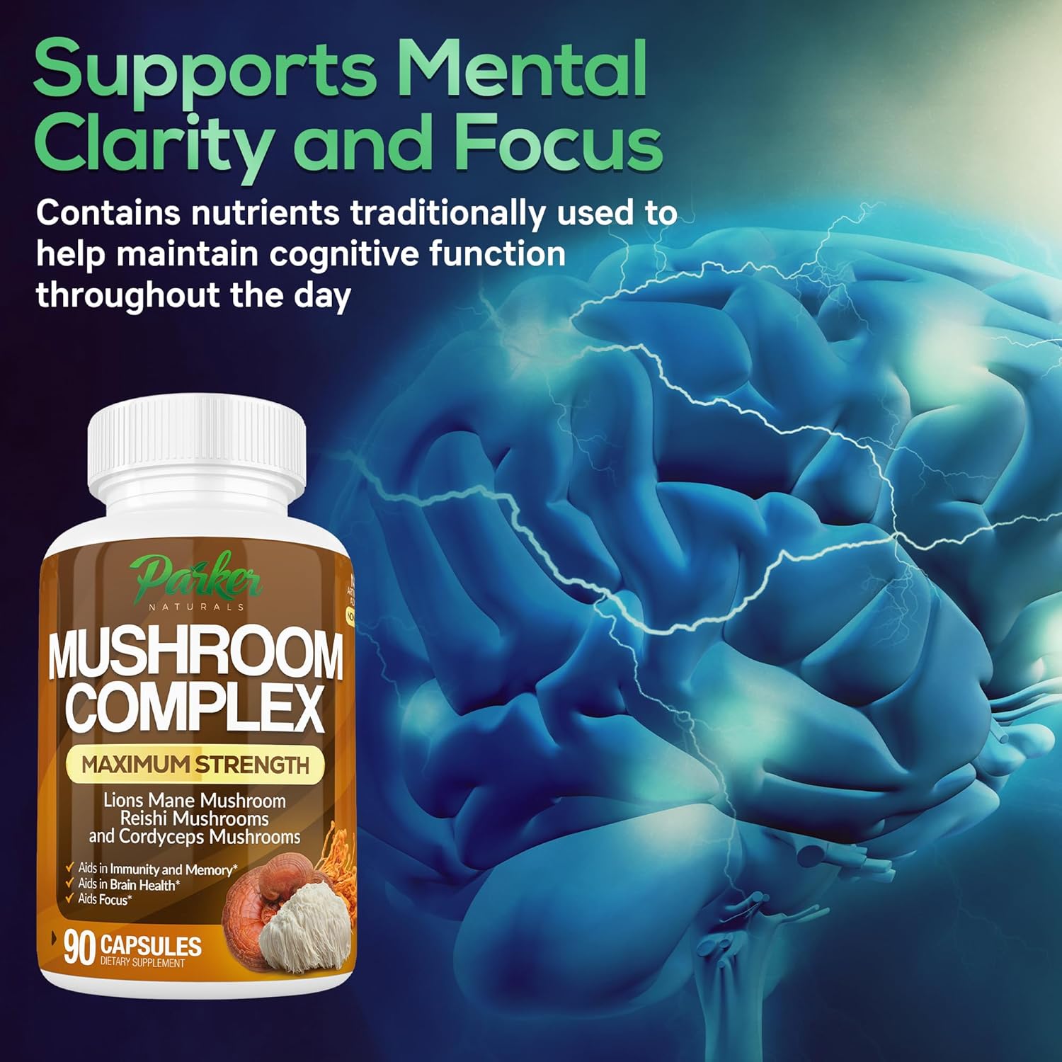 Mushroom Complex Capsules, Premium Lions Mane, Cordyceps, and Reishi Mushroom Supplement, Maximum Strength Organic Mushrooms Supplement, 90 Capsules