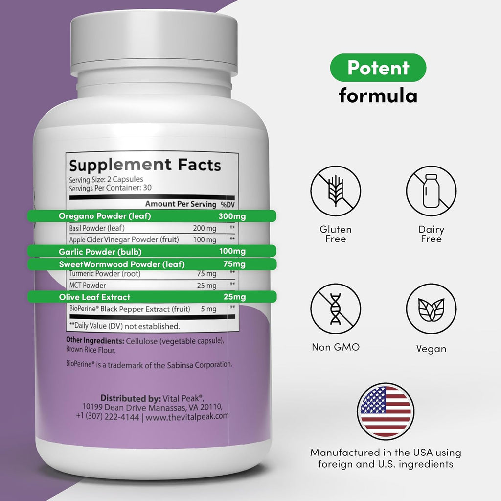 Toenail Peak - Healthy Nail Support Supplement - Promotes Gut Health & Immune Function - with Olive Leaf Extract, Sweet Wormwood, Oregano, Garlic & More - Gluten-Free - 60 Capsules