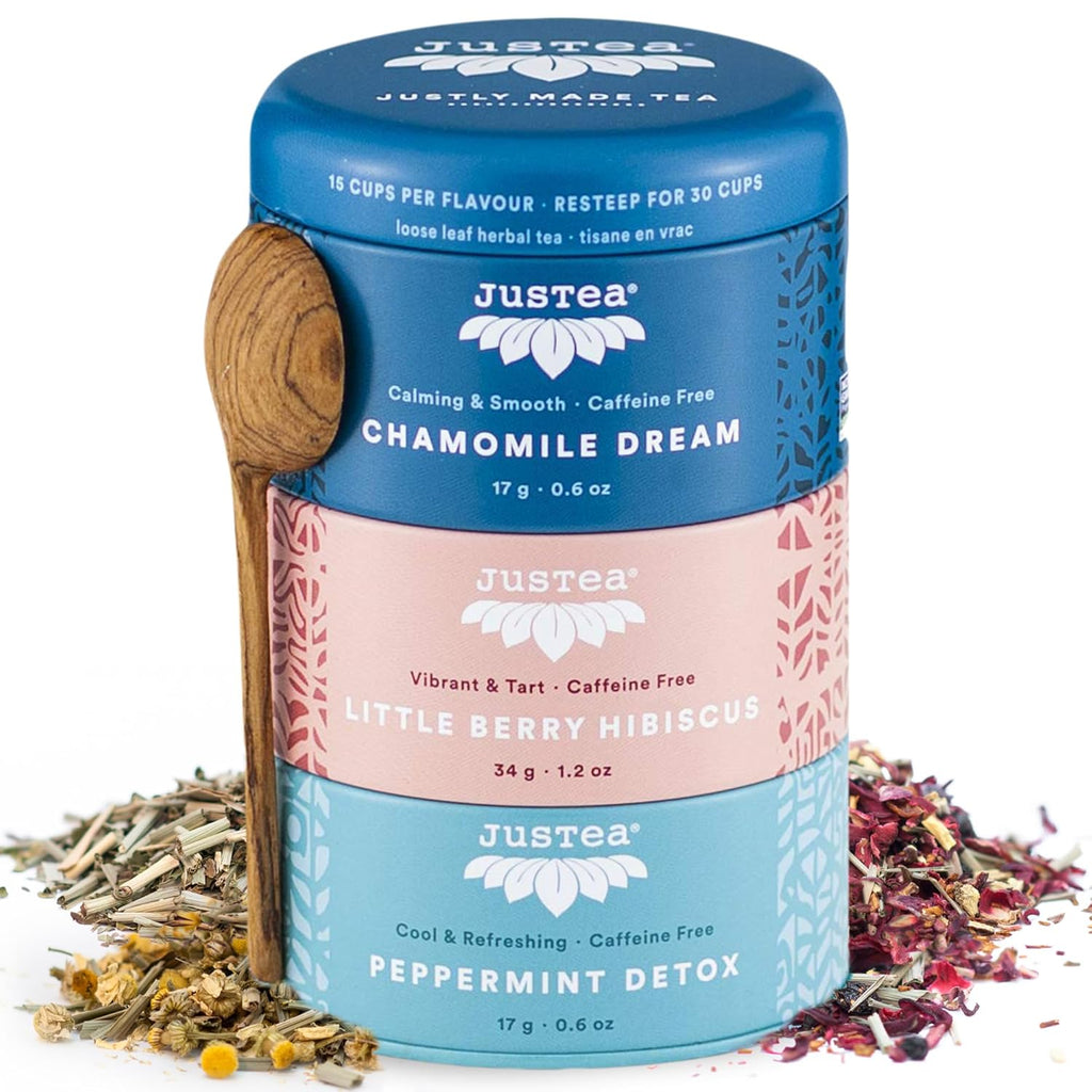JusTea Herbal Tea Trio | Stacking Tins Variety Pack with Hand Carved Tea Spoon | Loose Leaf | Caffeine Free | Award-Winning | Fair Trade | Non-GMO