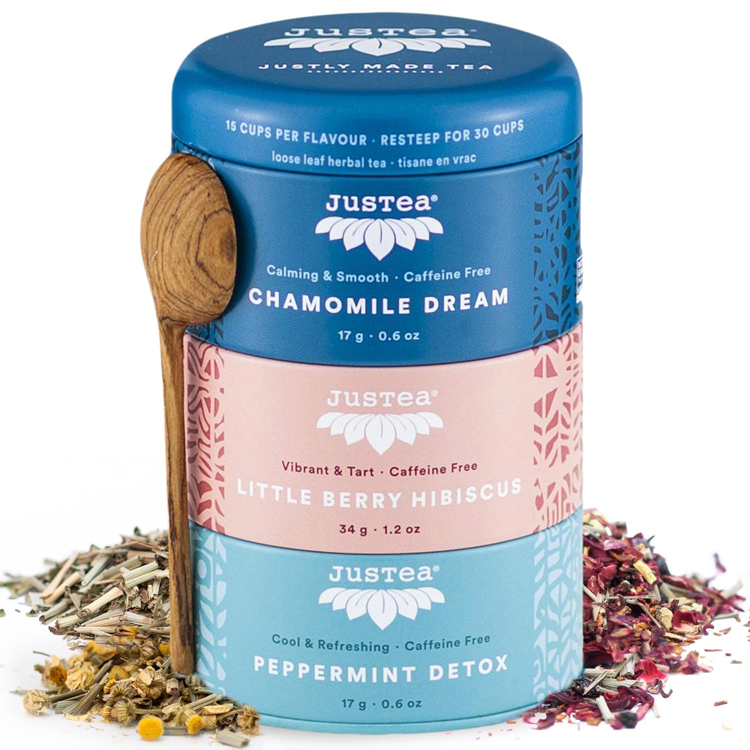 JusTea Herbal Tea Trio | Stacking Tins Variety Pack with Hand Carved Tea Spoon | Loose Leaf | Caffeine Free | Award-Winning | Fair Trade | Non-GMO