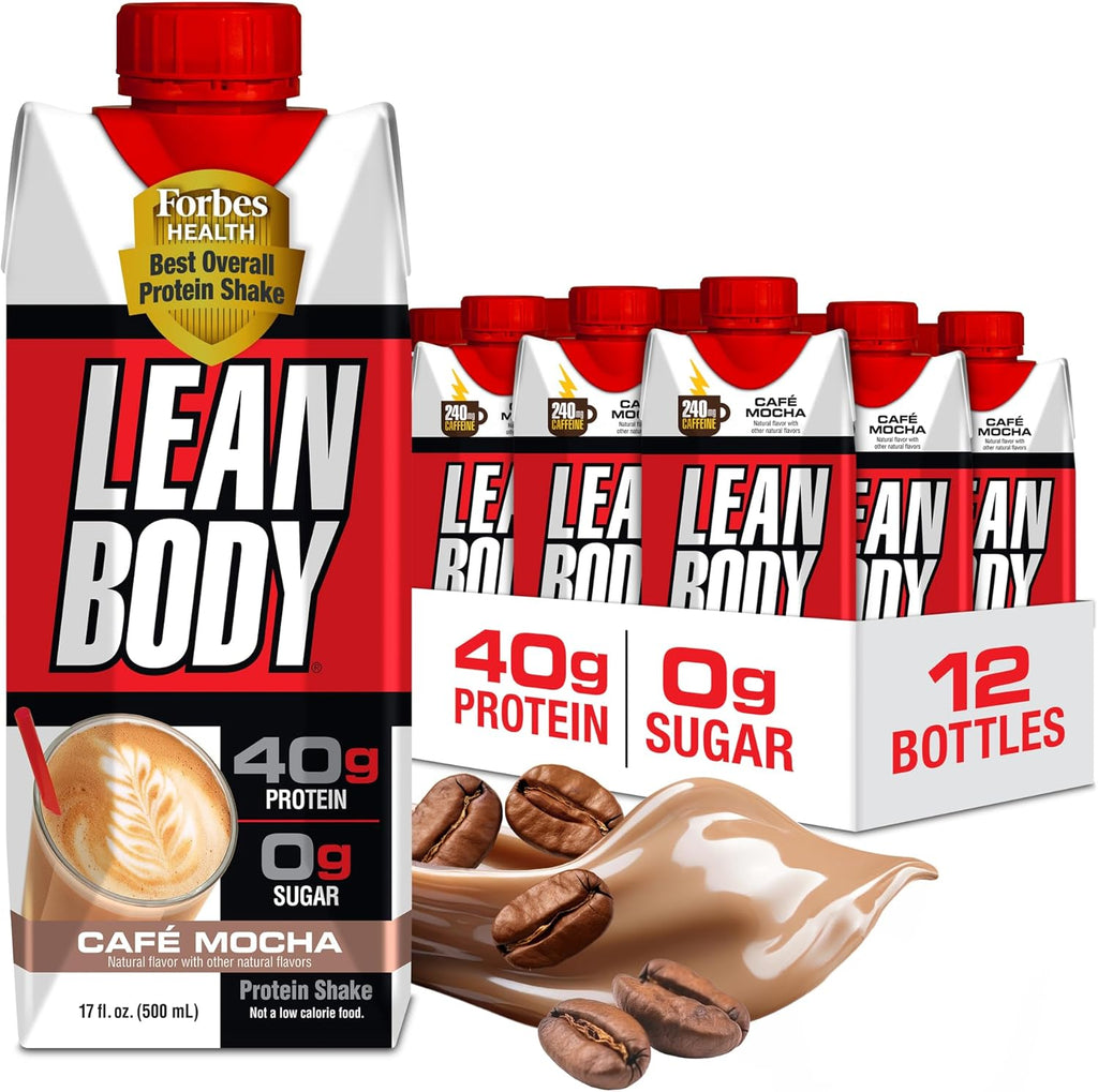 Lean Body Ready-to-Drink Café Mocha Protein Shake, 240mg Caffeine, 40g Protein, Whey Blend, 0 Sugar, Gluten Free, 22 Vitamins & Minerals, (Recyclable Carton & Lid - Pack of 12) LABRADA