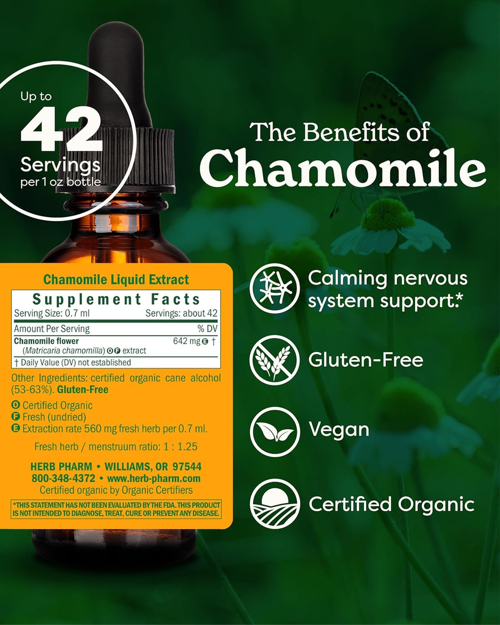 Herb Pharm Certified Organic Chamomile Liquid Extract for Calming Nervous System Support - 1 Ounce (DCHAM01)