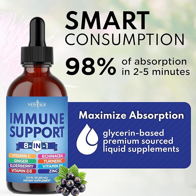 NEW AGE 8-in-1 Immune Support Liquid Drops – Elderberry, Turmeric Curcumin, Echinacea, Ginger, Vitamins C & D3, Zinc & B6 – Fast-Absorbing Immune & Antioxidant Support – Non-GMO – 8 oz